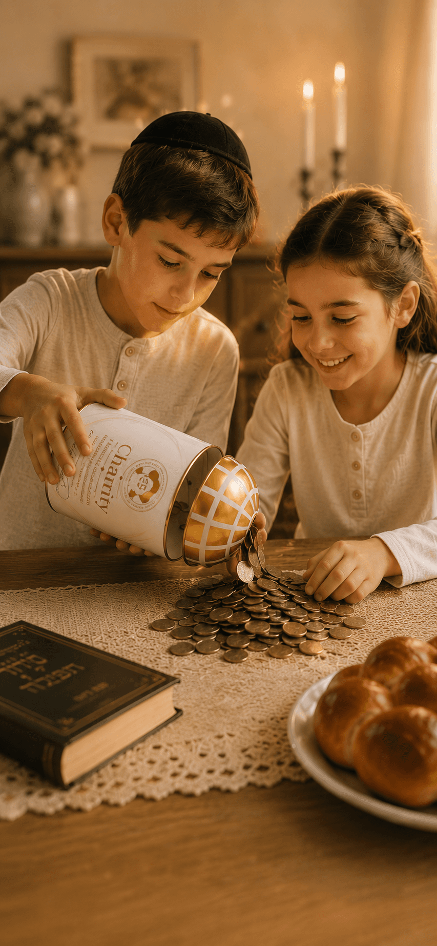 Children emptying a Tzedakah Box together